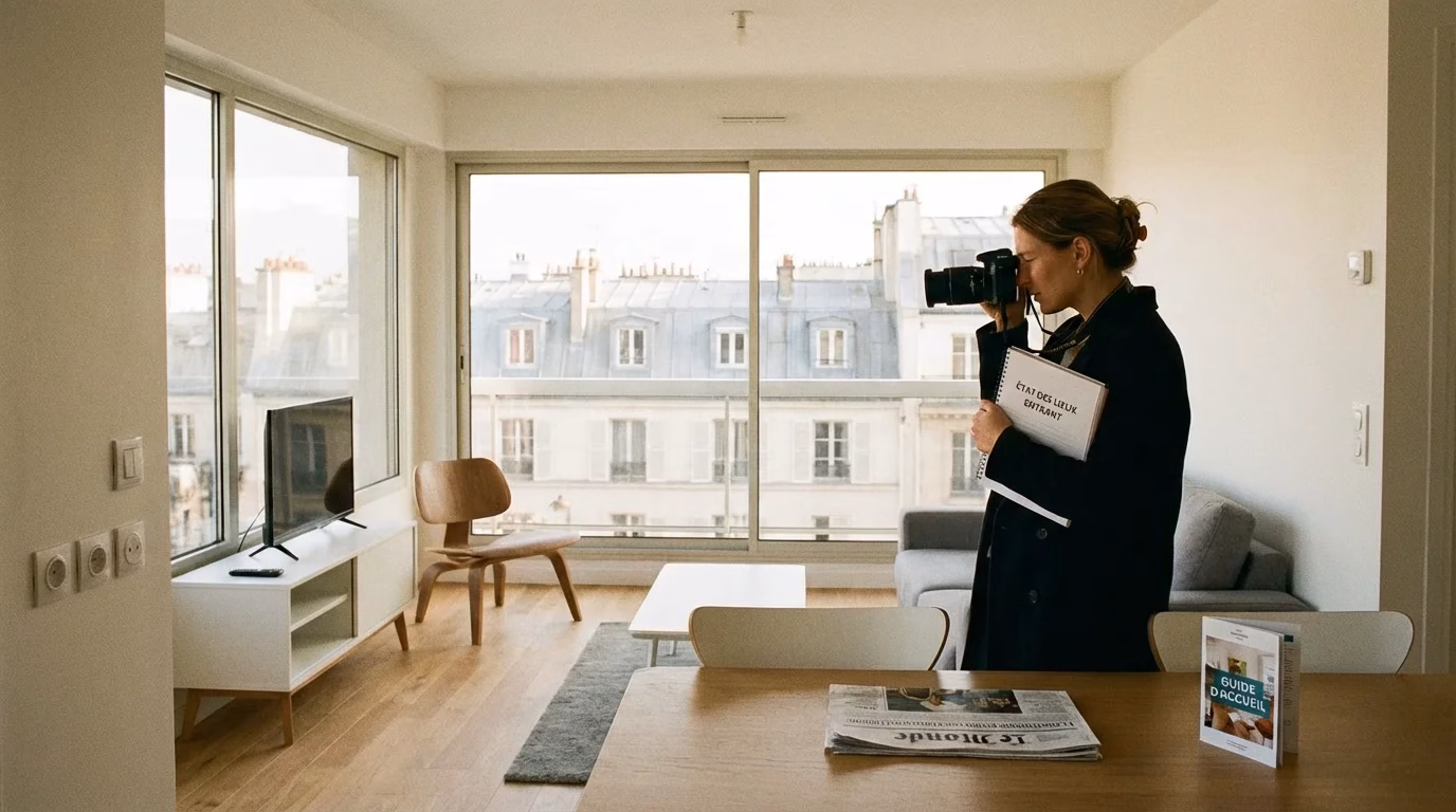 Voyageur photographiant l'état d'un logement Airbnb à son arrivée pour prévenir les litiges