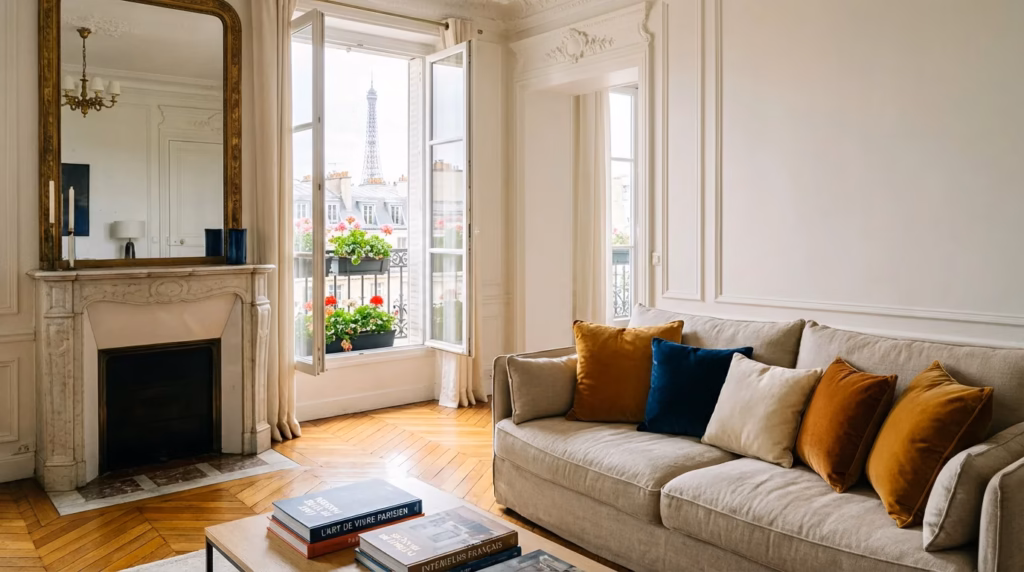 Salon d'un appartement parisien propre et prêt pour la location Airbnb