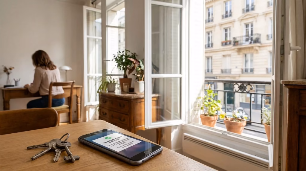 Appartement parisien avec smartphone affichant un suivi de remboursement Airbnb